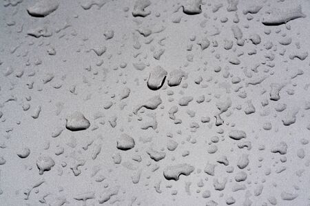 summer rain, drops of water on the car paint. a small round or pear-shaped portion of liquid that hangs or falls or adheres to a surface.の写真素材