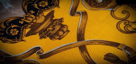 Silk fabric with gothic pattern. I would be glad to be surrounded by these rich silk gothic prints of rich black and gold shades This set is also well suited for a vampire lair or a romantic boudoirの写真素材