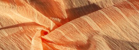 texture, background, pattern, collection, wrinkled silk fabric champagne (pale fawn). 3D pleated, wrinkled and crinkled light camel color pure silk fabricの写真素材
