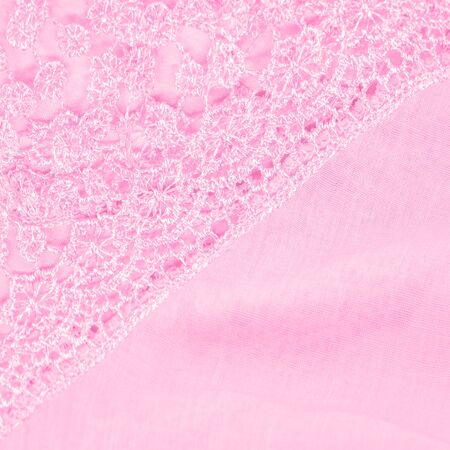 Texture, background, pattern, postcard, silk fabric, female amaranth pink scarf with lace wrappers. Use these fancy images to create your print and digital materials.の写真素材
