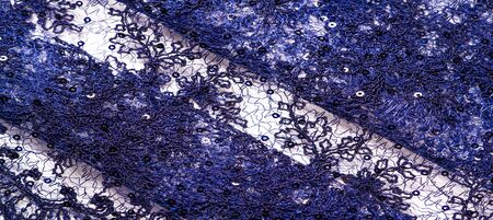 Texture, pattern, lace blue on a white background. Delicate and classic, this sheer lace has no significant stretch and pearlescent shine. This lace fabric is suitable for your design,の写真素材