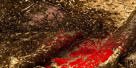 texture, background, pattern, lace with gold sequins Elastic lace pattern from gold strings with lace trim - a wonderful dark gray color with a pink pattern!の写真素材