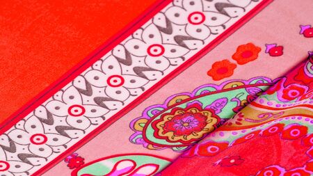 Texture, background, paisley silk fabric, Indian themes ornate traditional paisley elements with ethnic details in a bohemian print, decorative fabric for your design and accents projects, multicolorの写真素材