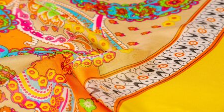 Texture, background, paisley silk fabric, Indian themes ornate traditional paisley elements with ethnic details in a bohemian print, decorative fabric for your design and accents projects, multicolorの写真素材