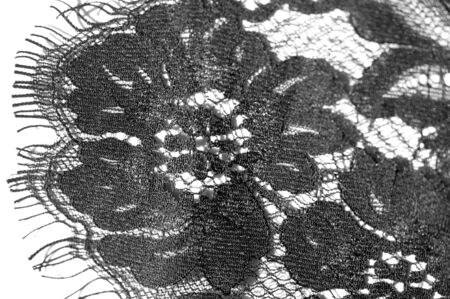 exture background, pattern. black lace fabric. This beautiful lace fabric is perfect for your design, overlays, accents and wallpapers. It has a jagged border along both edges adorned with filamentsの写真素材
