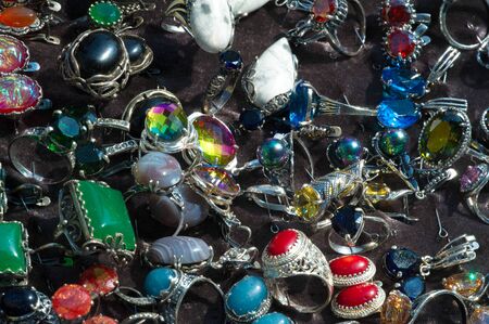 Flea market, natural stones, semiprecious stones, semi-precious, denoting minerals that can be used as gems but are considered to be less valuable than preciousの写真素材