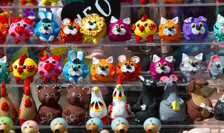 Background texture. Template. Products made of clay, folk crafts. Refractory products made of clay. hard, sticky fine-grained earth, usually yellow, and dried and baked to make and pottery.の写真素材