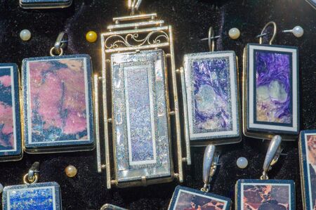 Flea market, natural stones, semiprecious stones, semi-precious, denoting minerals that can be used as gems but are considered to be less valuable than preciousの写真素材