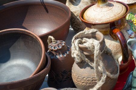 Background texture. Template. Products made of clay, folk crafts. Refractory products made of clay....