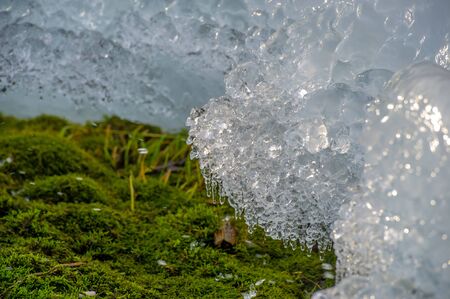 Winter landscape, ice on the spring, frozen water, a brittle, transparent crystalline solid. source, well, rillの写真素材