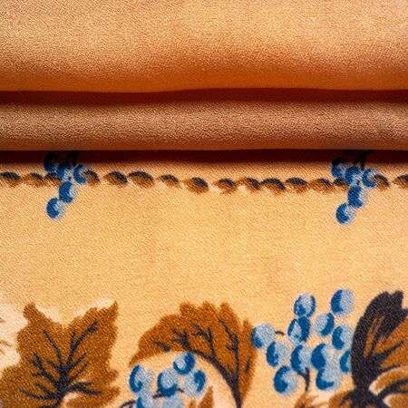 Texture, background, pattern, Crepe de Chin. Beige color, blue flowers. This is a group of silk,...
