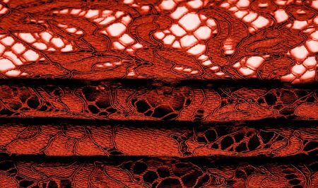 Texture, background, pattern, red lace fabric, delicate embossed lace fabric, scalloped on both edges. Suitable for your projects, design, etc.の写真素材