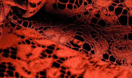 Texture, background, pattern, red lace fabric, delicate embossed lace fabric, scalloped on both edges. Suitable for your projects, design, etc.の写真素材
