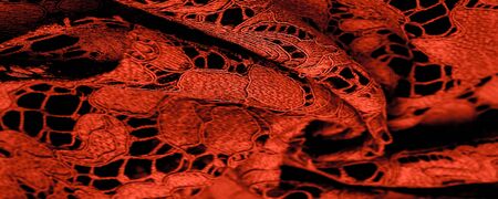 Texture, background, pattern, red lace fabric, delicate embossed lace fabric, scalloped on both edges. Suitable for your projects, design, etc.の写真素材