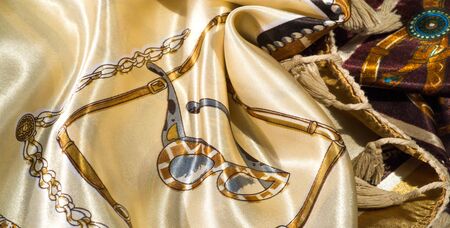 Texture, background, pattern, decorative silk fabric. This collection of silk fabrics with digital printing from RJR is distinguished by bright abstract shapes and colors.の写真素材