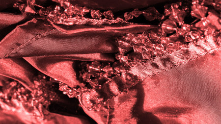 postcard, background, texture, dark red silk fabric, decorated with red glass beads, decor decorated...
