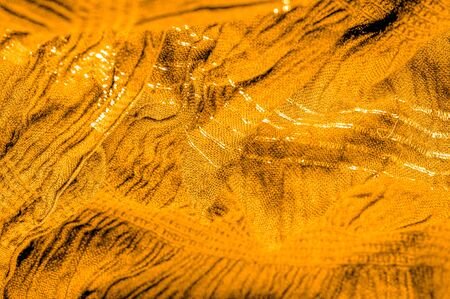 The texture of the background pattern, ornament decor, golden yellow corrugated fabric, fabric with parallel or diagonal folds of serrated folds; products from such a fabric.の写真素材