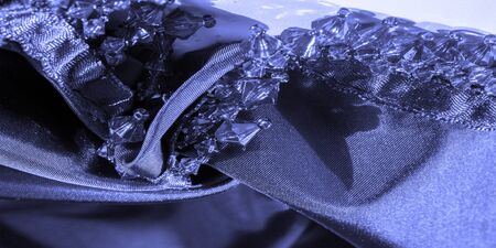 postcard, background, texture, navy blue silk fabric, blue glass beads, decor beaded, designの写真素材