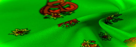 Texture, background, pattern, green silk with the print of a shoe in the form of a flowerpot,...