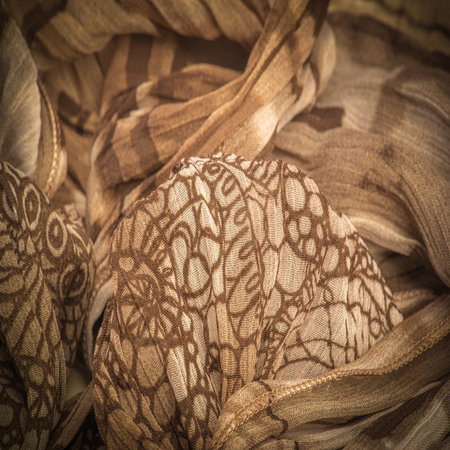 Background texture, decorative ornament, brown-beige silk fabric, floral pattern, corrugation, reef,...