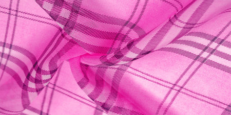 silk, cloth pink (carnation), checkered wallpaper in a cage tartan. Scottish tartan dress. Textile...