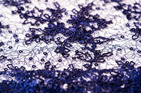 Texture, pattern, lace blue on a white background. Delicate and classic, this sheer lace has no significant stretch and pearlescent shine. This lace fabric is suitable for your design,の写真素材