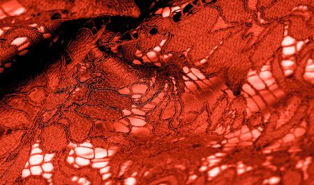 Texture, background, pattern, red lace fabric, delicate embossed lace fabric, scalloped on both edges. Suitable for your projects, design, etc.の写真素材