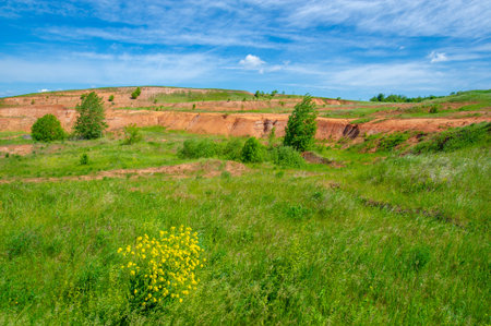 Summer photography, landscape with red clay slideの写真素材