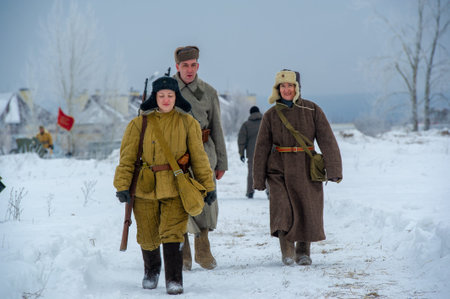 Winter landscape, reconstruction of military operations of the Great Patriotic War with fascist...