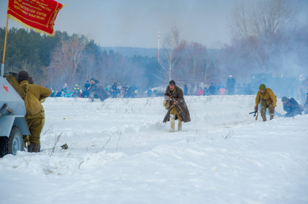 Winter landscape, reconstruction of military operations of the Great Patriotic War with fascist invaders, Naberezhnye Chelny Tatarstan Russia 16, 02, 2020のeditorial素材