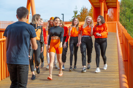 Dance group makes a video clip, girls in different clothes, cheerful mood, Russia Tatarstan...