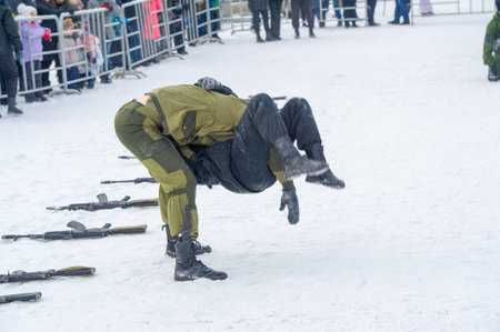Winter landscape, reconstruction of military operations of the Great Patriotic War with fascist...