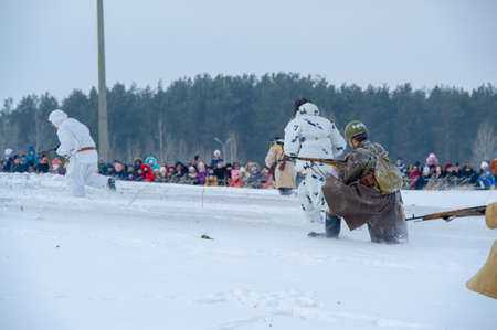 Winter landscape, reconstruction of military operations of the Great Patriotic War with fascist invaders, Naberezhnye Chelny Tatarstan Russia 16, 02, 2020のeditorial素材