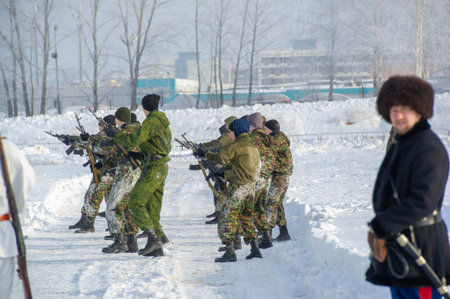 Winter landscape, reconstruction of military operations of the Great Patriotic War with fascist...