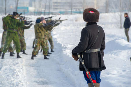 Winter landscape, reconstruction of military operations of the Great Patriotic War with fascist invaders, Naberezhnye Chelny Tatarstan Russia 16, 02, 2020のeditorial素材