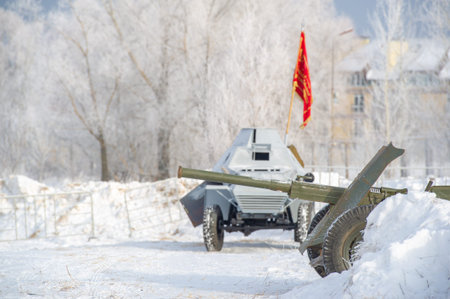 Winter landscape, reconstruction of military operations of the Great Patriotic War with fascist...