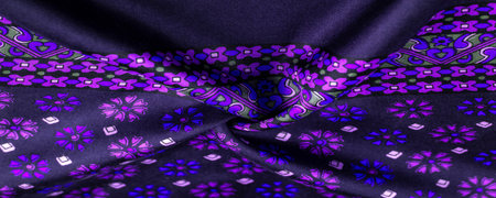 silk fabric of dark blue color with blue and purple flowers, dense fabric, double-sided based on...