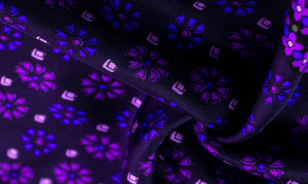 silk fabric of dark blue color with blue and purple flowers, dense fabric, double-sided based on...