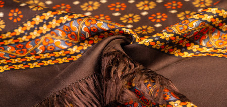 silk fabric of brown color with red and yellow colors, dense fabric, double-sided based on triacetate fibers. Background, Pattern Decorの写真素材