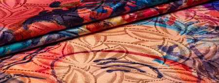 silk fabric in a painted artistic palette, abstract drawing, bright colors, red-yellow-blue color,...