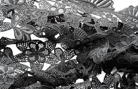 Lace fabric in black. Pure cotton lace with floral pattern embellished with embroidery. Light Transparency. Textured. Background. Patternの写真素材
