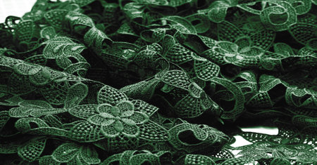 Lace fabric in green. Pure cotton lace with floral pattern embellished with embroidery. Light Transparency. Textured. Background. Patternの写真素材