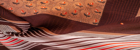 silk fabric, brown background with striped pattern of white and red lines, spanish theme, texture,...