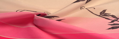red and pink white silk fabric with floral pattern. black print, exquisite fabric. Texture, backgroundの写真素材