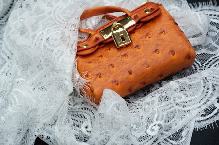 White lace on a black background. Template for wedding invitation and greeting card with lace fabric background. Souvenir women's handbagの写真素材