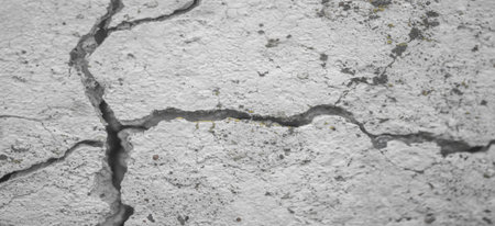 Shallow depth of field. Photo is blurred. Cracked concrete. Cracks in concrete are caused by internal tensile stresses caused by external forces, volume changes and creep.の写真素材