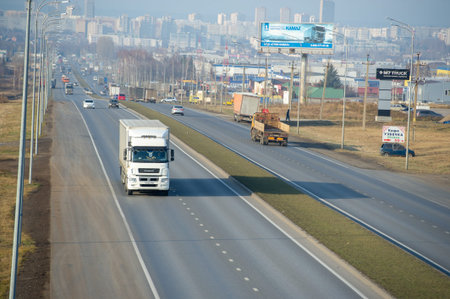 Freight road transportation. Standard road networks were adopted by the Romans, Persians, Aztecs, and other early empires and can be considered a feature of the empires. Russia Chelny 05 11 2020のeditorial素材