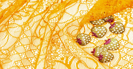 Yellow lace fabric. Royal yellow lace patch with haute couture decoration, accessories for your design, couture ribbon, bright decoration. Texture Background Patternの写真素材