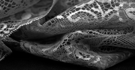 Black lace. Vintage floral background. Lace is an openwork fabric obtained by crossing the threads that form motives connected by the baseの写真素材
