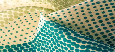 silk fabric. texture or background with cool mint, blue and yellow green polka dot dots on a beige...